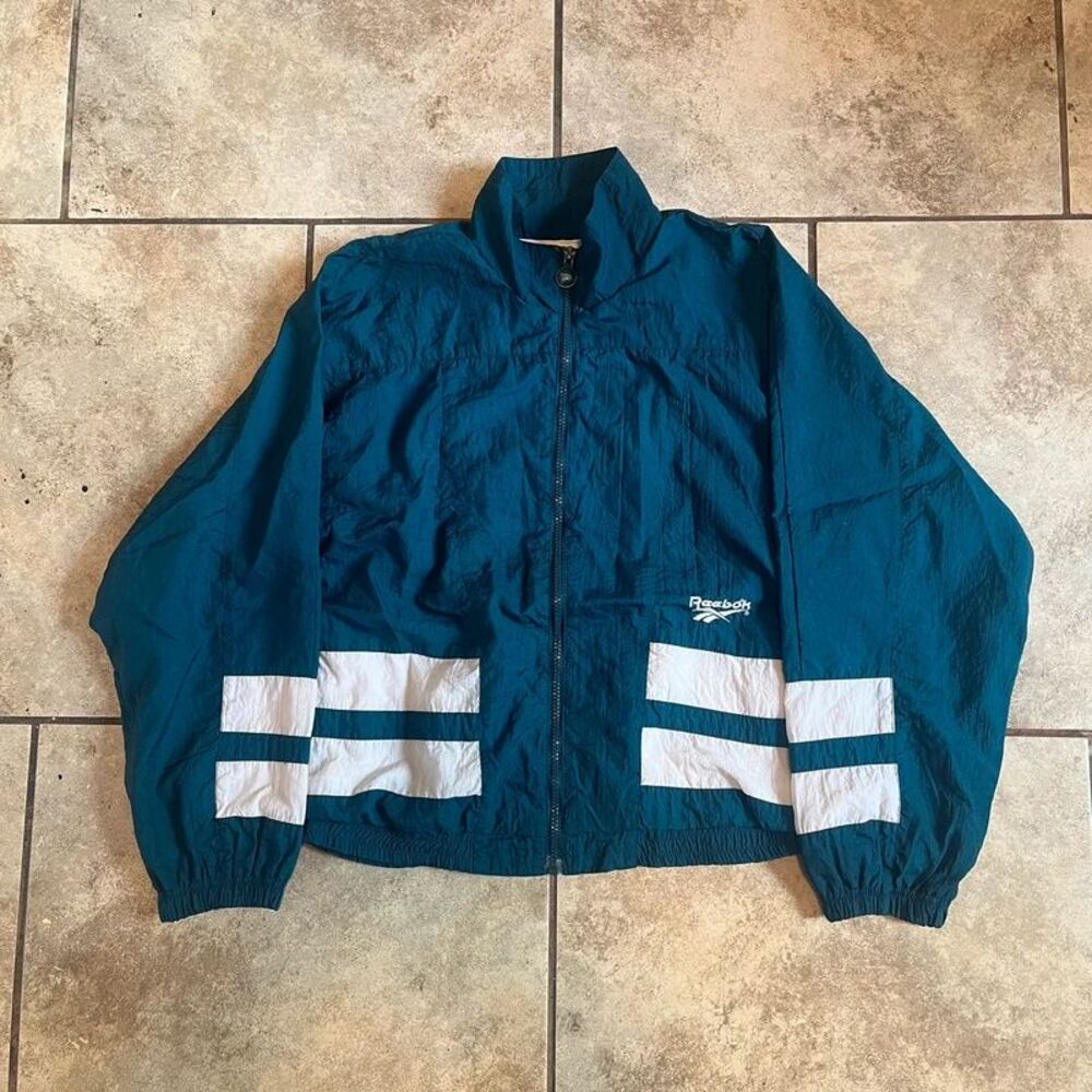 Vintage 90s Reebok Teal Green Track Jacket Block Stripe size Large